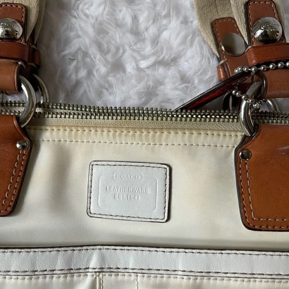 Coach Hampton Beige satin and orange accents satchel with silver tone hardwares